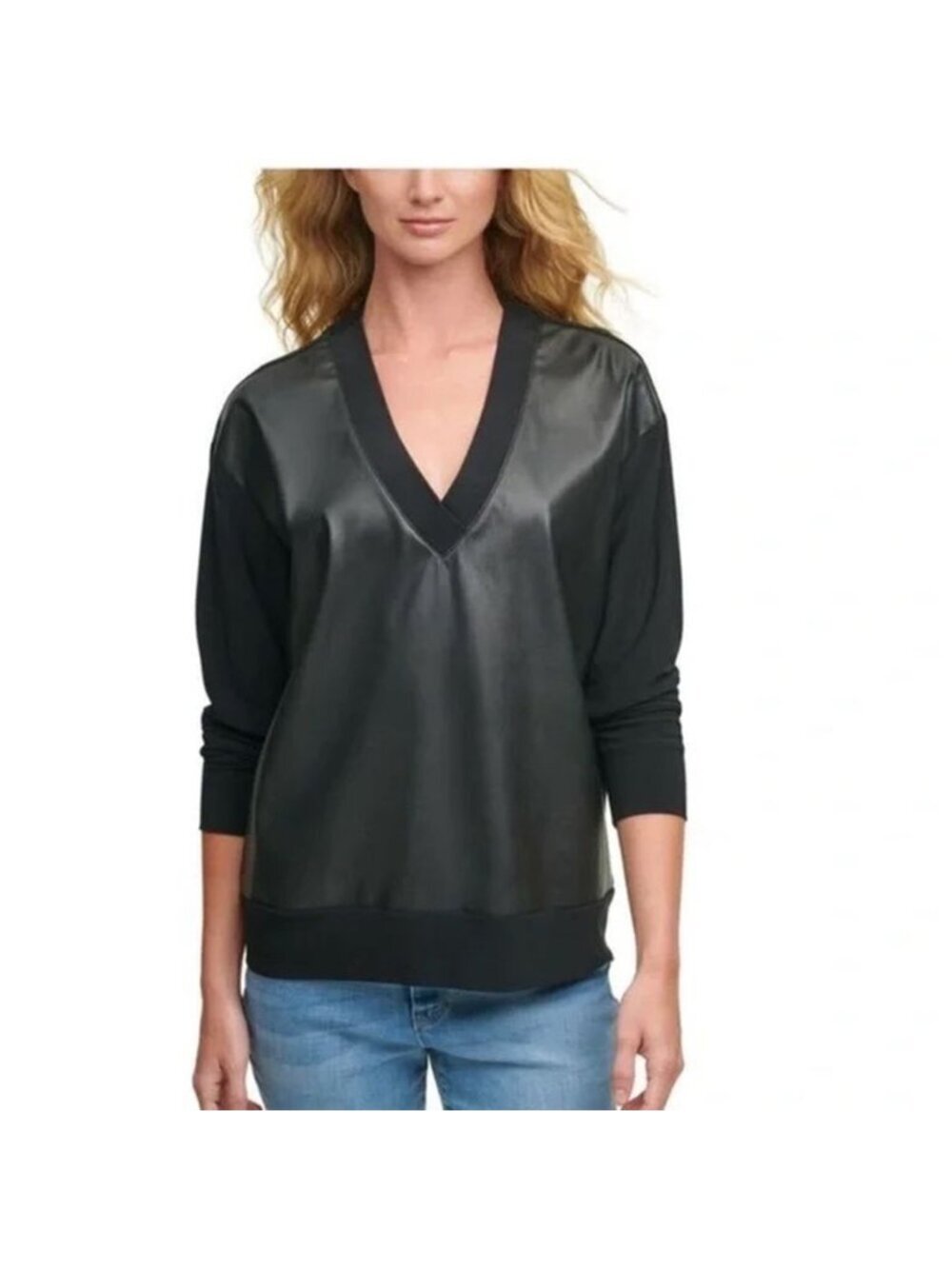 DKNY Vintage Sweater Black Faux Leather V Neck Goth Casual Size Medium